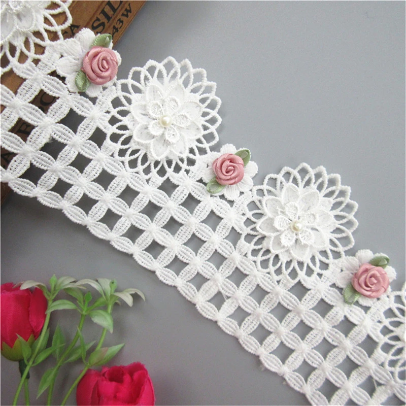 

1 Meter 97mm White Milk Fiber Pearl Flower Lace Edge Trim Ribbon Fabric Embroidered Applique Sewing Craft Wedding Dress Clothes