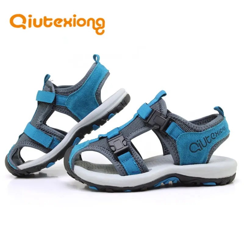 

QIUTEXIONG Summer Beach Boys Sandals Children Shoes Kids Genuine Leather Cow Split Closed Toe Mixed Color Sport Kids Sandals