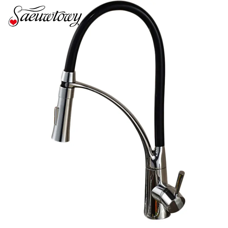 

Saeuwtowy Chrome Kitchen Faucet with Black Hose Rotatable Hot and Cold Mixer Tap 2 Outlet Ways Deck Mounted Ceramic Valve