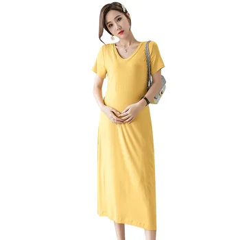 

Pregnant Women Dress Long Cotton Maternity Dress Summer Pregnancy Clothes Solid Plus Size Maternity Dresses Two Colors M-XXL