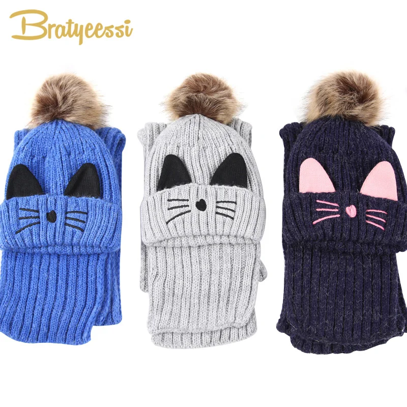 

New Cat Winter Baby Hat and Scarf Set Plush Lining Pompom Baby Beanie with Ears Thick Warm Snow Baby Cap Scarf 1 Set