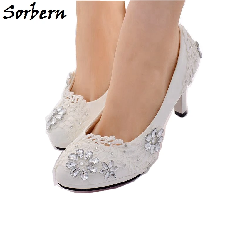 

Sorbern Cute Heel Wedding Shoes Handmade Lace Appliques Rhinstones Small Size Slip-On 1\4.5\8Cm Heel Female Bridesmaid Shoes