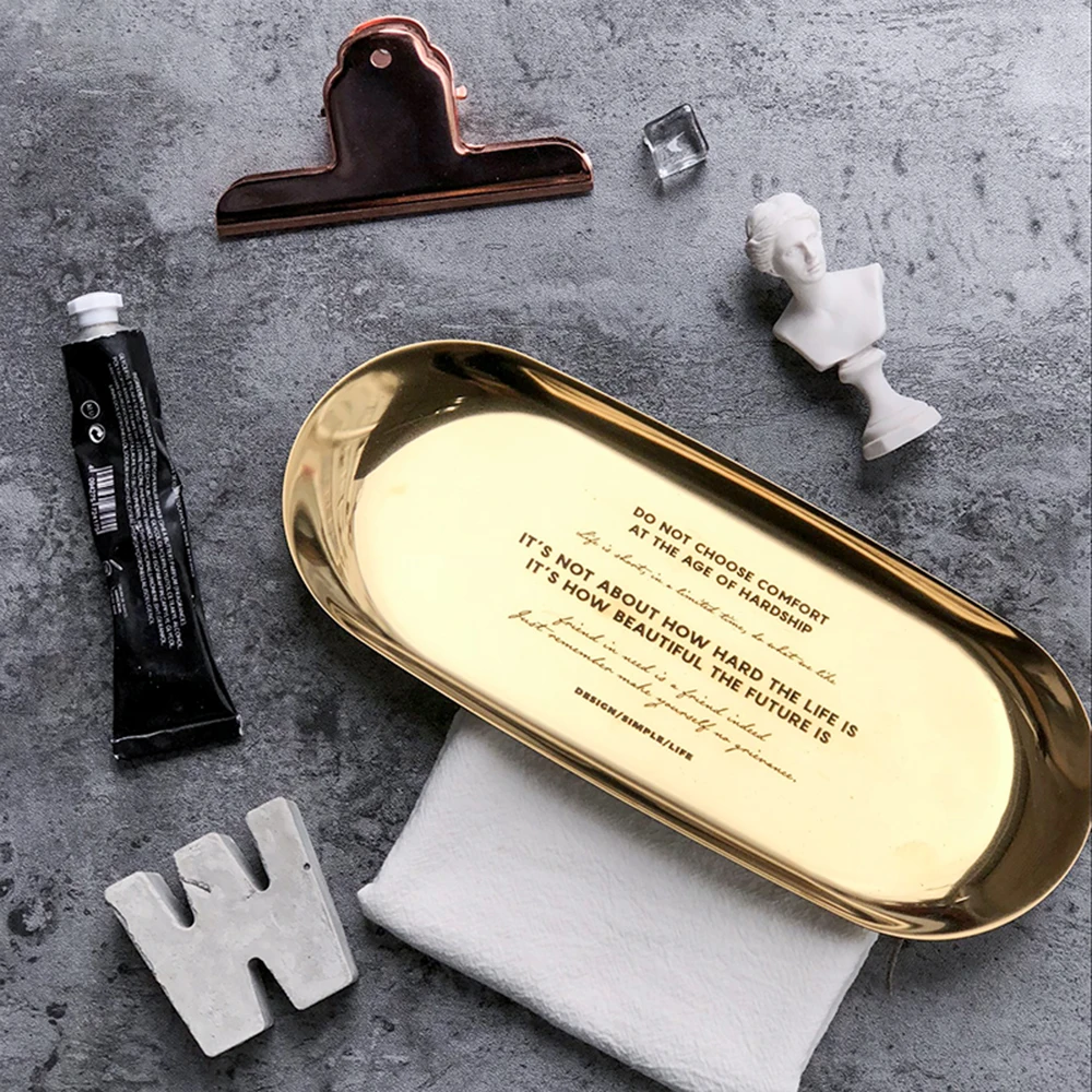 

Luxurious Golden Metal Storage Tray Chic English Letter Oval Plate Jewelry Ring Display Tray Cake Fruit Dish Photography Prop