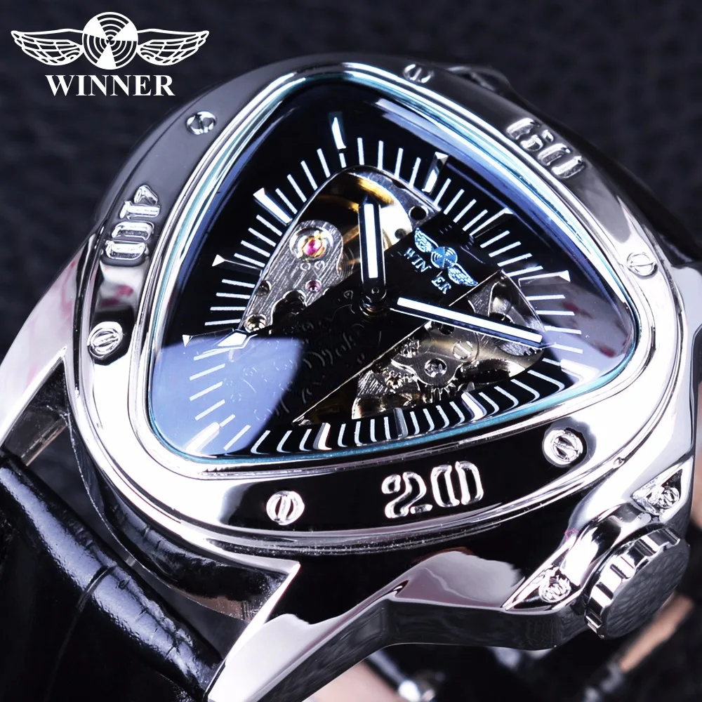 Vencedor de Design de Corrida Criativa Triângulo Design Prata Esqueleto Dial Relógio Masculino Marca Superior Luxo Automático Mecânico