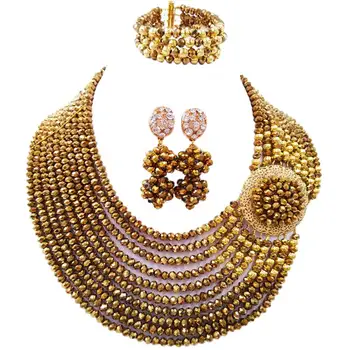 

Romantic Gold Color African Style Women Crystal Engagement Necklace Earrings Sets 10C-DPH-10