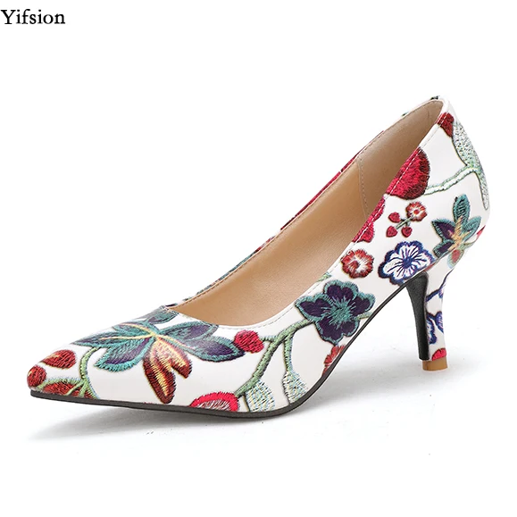 

Yifsion New Women Embroider Pumps Super Sexy Thin Heels Pumps Charm Pointed Toe Black Blue Green Party Shoes Women US Size 3-13