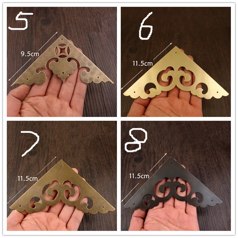 Vintage Flat Brass Corners,Flower Coin Heart Black Protectors,Furniture Hollow Triangle Covers Pins,9.5cm;10.2cm,11.5cm,4Pcs