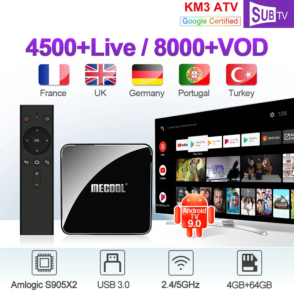 

IPTV France Arabic Spain Italian Canada French SUBTV IPTV KM3 Android TV 9.0 4G+64G BT Dual-Band WIFI Spain Italy IPTV France