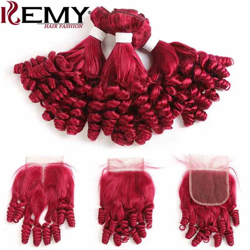 

99J/Burgundy Red Color Human Hair Bundles With Closure Funmi Curly Brazilian Hair weave Bundles NonRemy Hair Extension KEMY HAIR