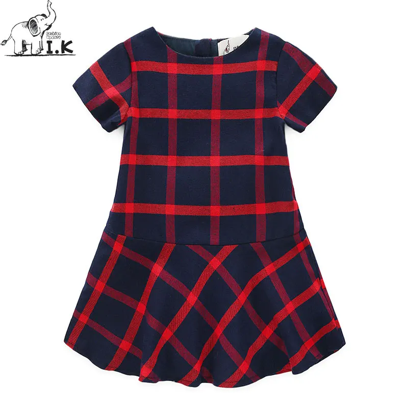 

I.K Plaid Girl Dress Children Summer Short Sleeve Dress With Red Plaid Cute Cotton Baby Girls Dresses Crew Neck Brand 2-6Y B1019