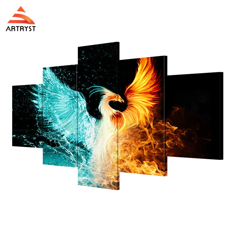 Artryst 5 panel wall art water and fire Phoenix Art prints on canvas