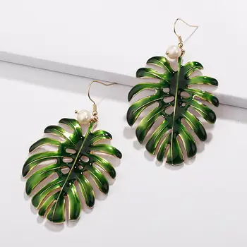 

Enamel Olive Green Monstera Leaf Dangle Drop Earrings for Women Fresh Water Pearl Trendy Chic Monstera Dangle Drop Earrings