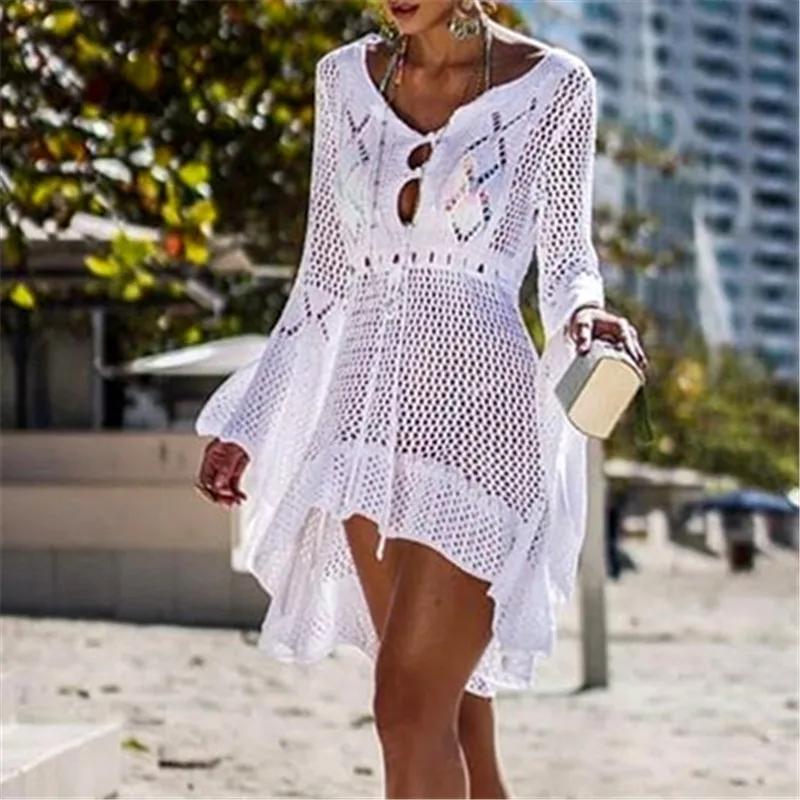 Women's Sexy White Crochet Tunic Cover-Ups