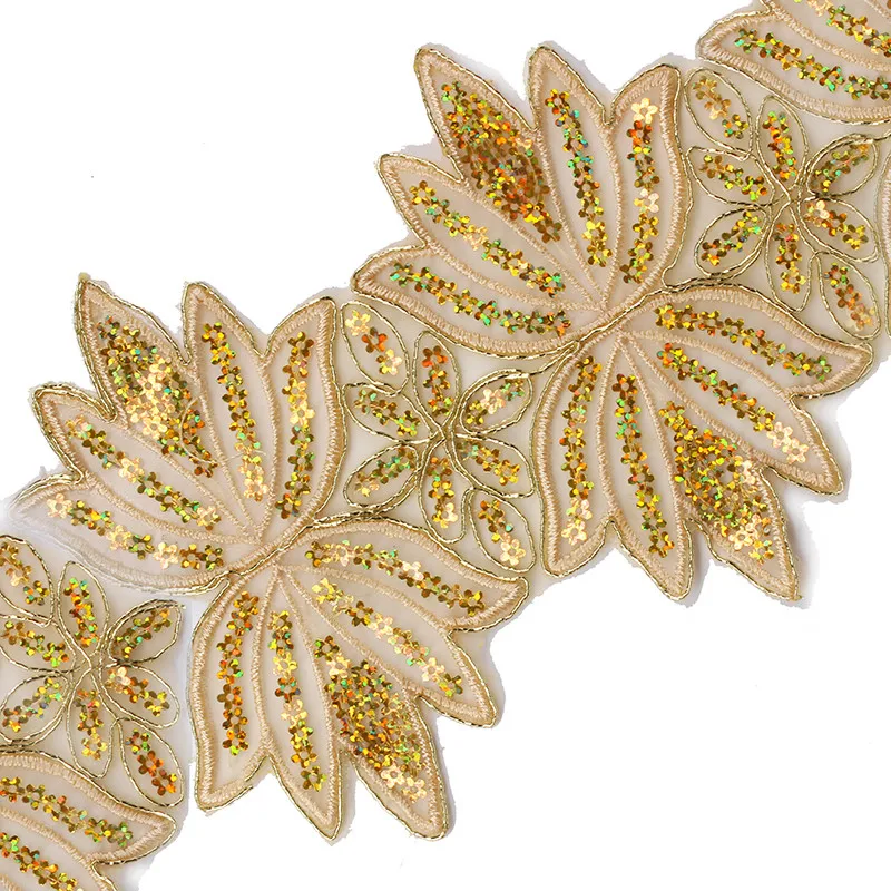 Buy Gold Sequin Trims Embroidery Applique Flower Lace