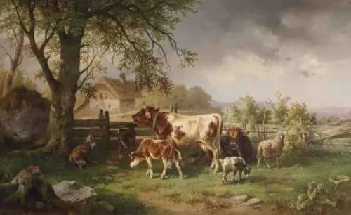 

Great oil painting cows with Calves sheep goat in landscape under the trees