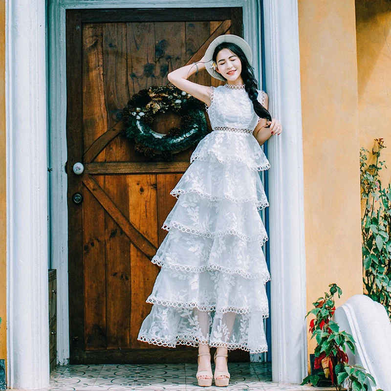 

2019 New Summer Dress Women Mesh Lace White Beach Long Dress Elegant Party Ladies Dresses Vintage Vestidos De Verano KJ1672
