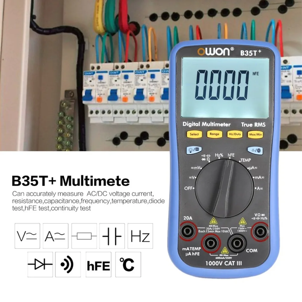 Owon B35T+ Подсветка цифровой ЖК-мультиметр AC/DC Вольтметр Амперметр True RMS диод hFE сопротивление непрерывности тестер Bluetooth