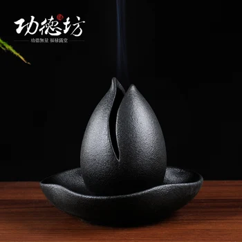 

Cone Lotus Incense Burner 12*10.5cm Ceramic Black Mini Censer Art Craft Home Decor Fresh Calming Ornaments