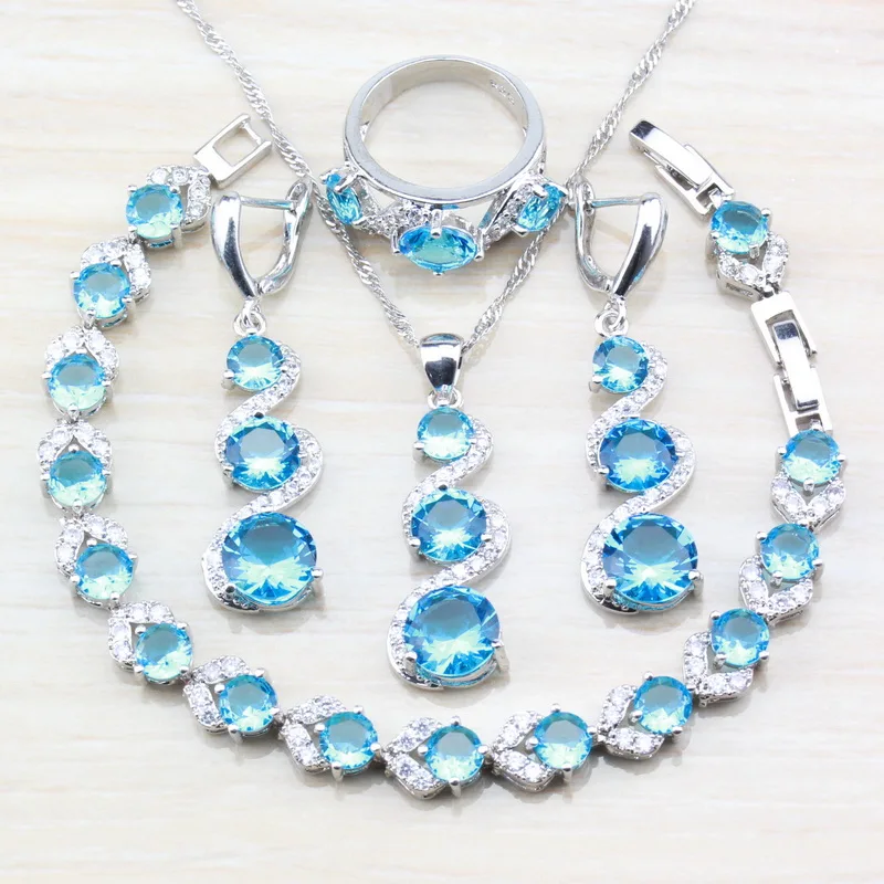 Comprar Cielo azul circón 925 plata esterlina dulce mujeres 4 piezas conjuntos de joyas pendientes largos Collar pulsera y anillo traje conjuntos