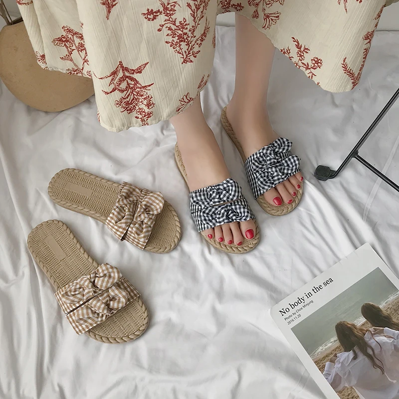 

Flat Modis Rubber Slippers Female Low Male Beach Leather Slides Sandal Clogs Platform Brief Outside New 2019 Bow Knot Square