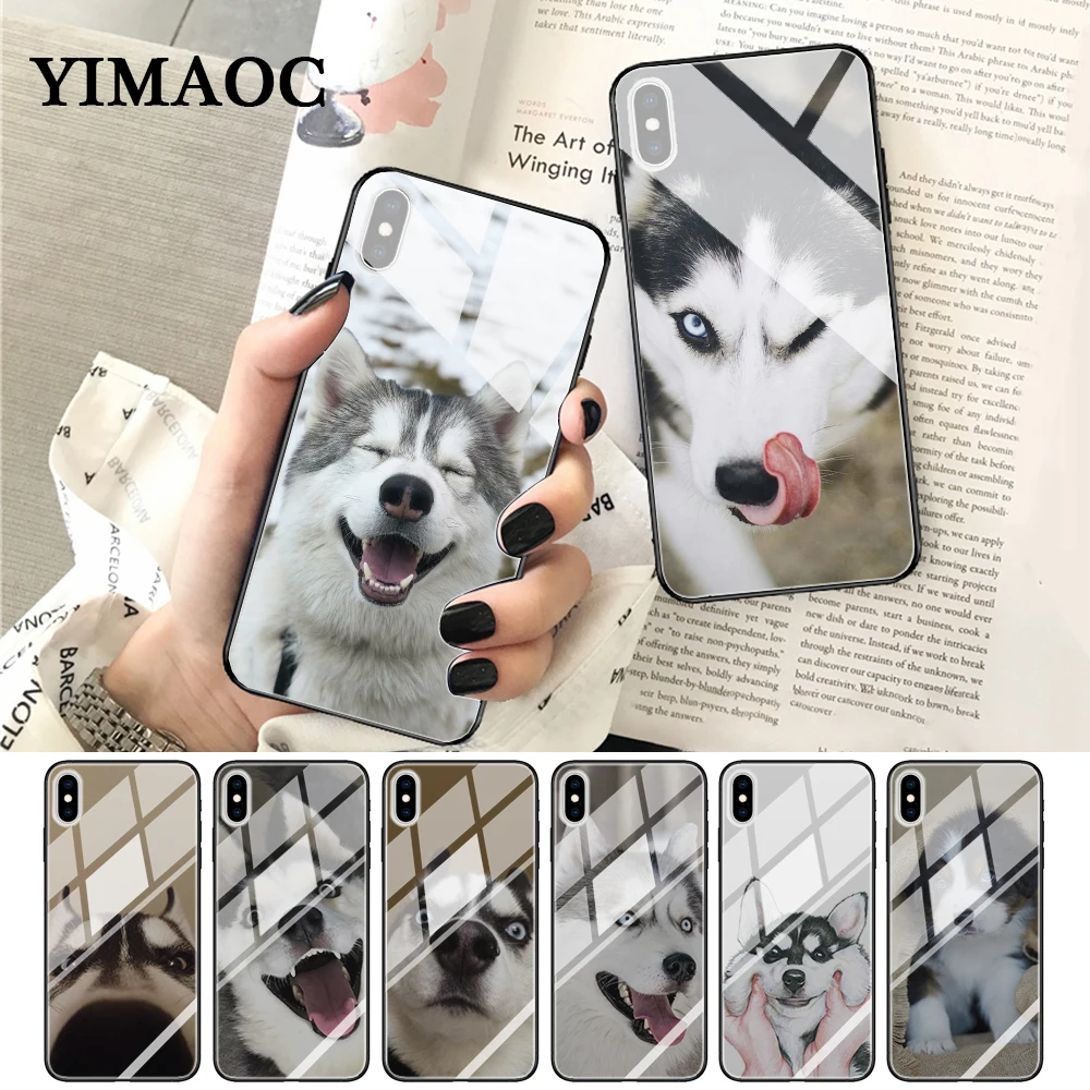 YIMAOC Animal Husky cute Puppy Dog Glass Phone Case for Apple iPhone XR X XS Max 6 6S 7 8 Plus 5 5S SE |