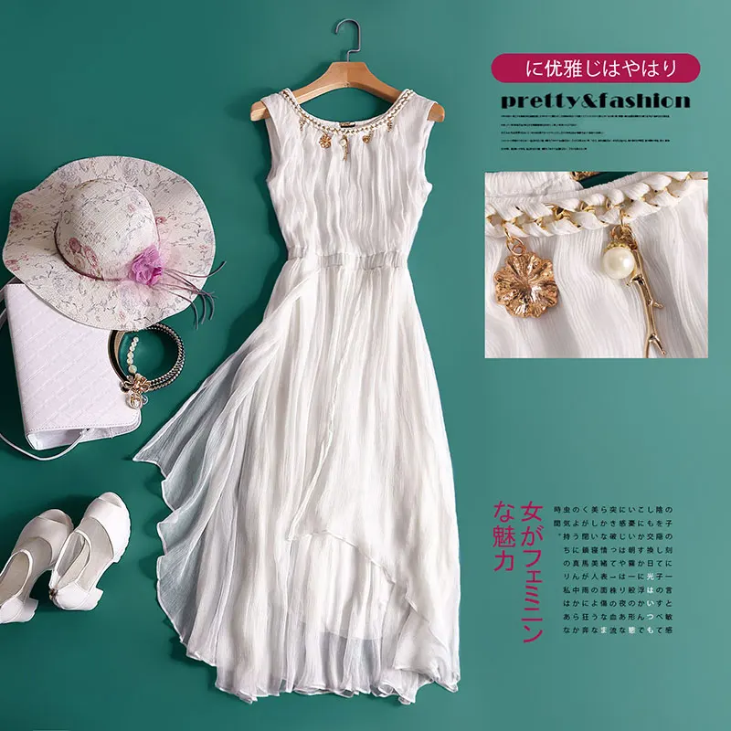 Женское богемное пляжное платье Летний стиль асимметричное платье из натурального шелка для женщин белое Элегантное макси плиссированное платье