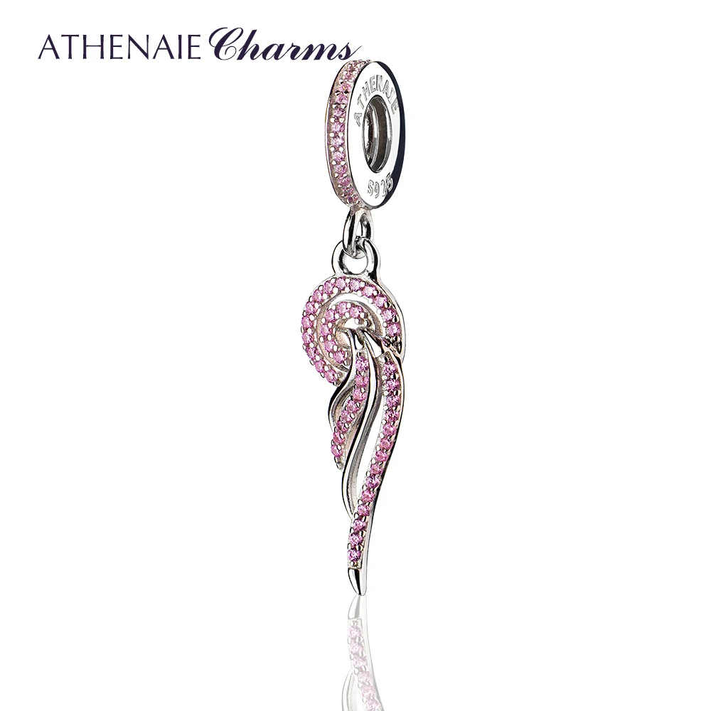 

ATHENAIE 925 Silver with Pave Pink CZ Phoenix's tail Pendant Drops Charms Beads Fit All European Bracelets Necklace DIY Jewelry