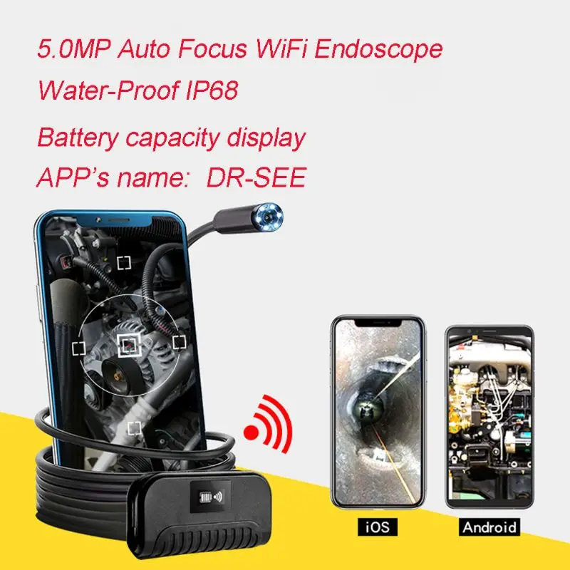  14.2mm 5.0MP WIFI Endoscope Camera HD Auto Focus IP68 Waterproof Hard Cable Inspection Camera USB 4