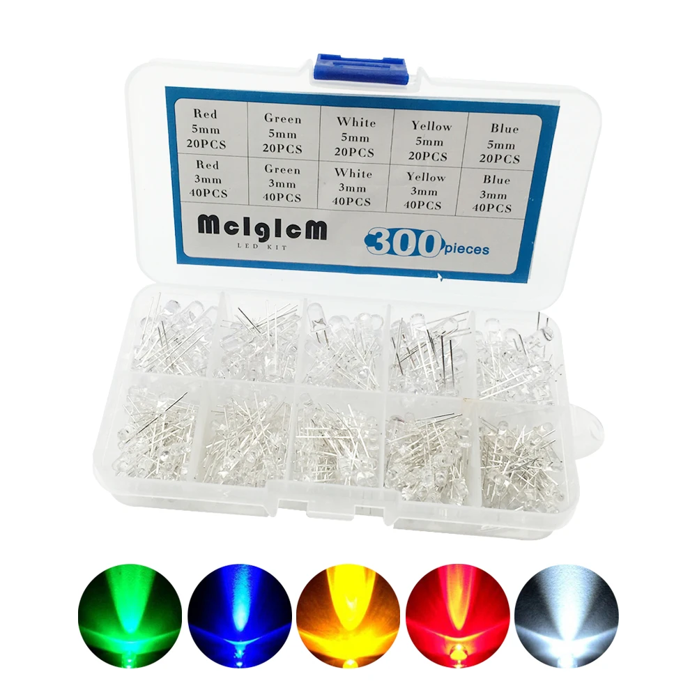 

MCIGICM 3mm and 5mm Assorted Clear LED Light Emitting Diodes 5 Colors Pack of 300 electronic diy kit