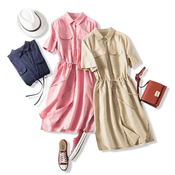 

2019 Summer New Simple Temperament! Breathable Cool Drawstring Waist Was Thin Linen Shirt Dress