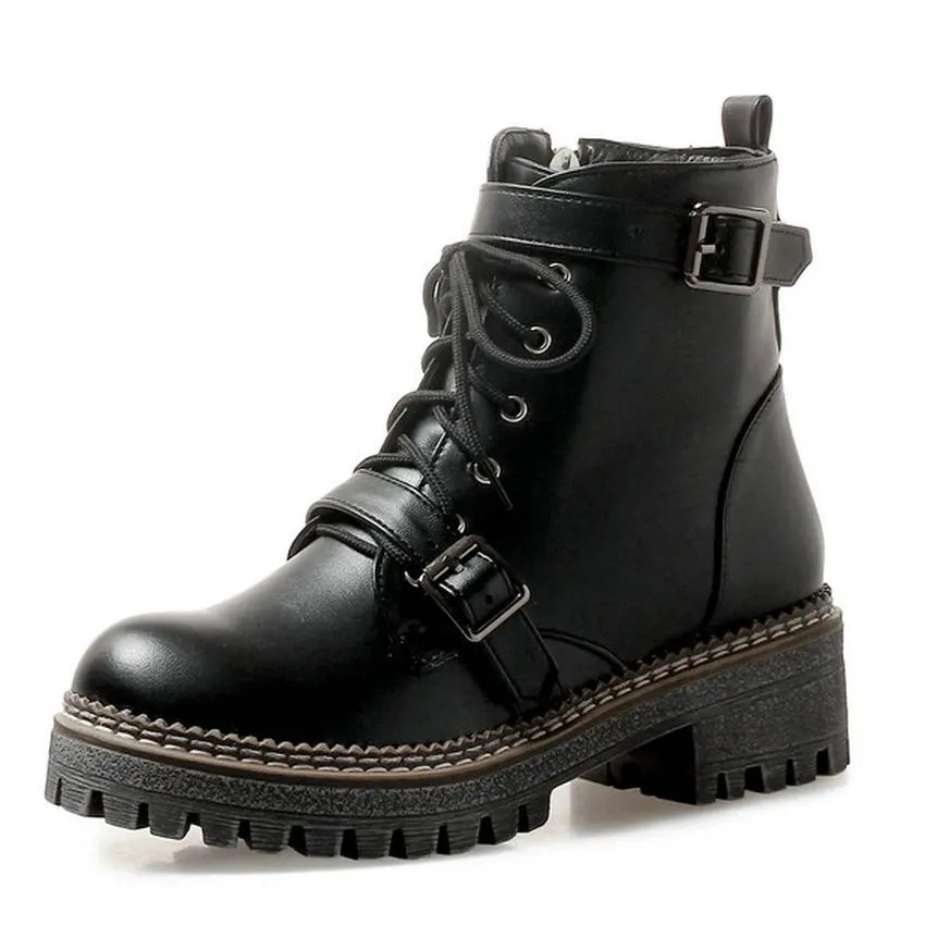 QUTAA/; женские ботильоны; зимняя обувь; универсальная элегантная женская обувь на платформе и квадратном каблуке, на молнии; женские ботинки; большие размеры 34-43 - Цвет: Черный