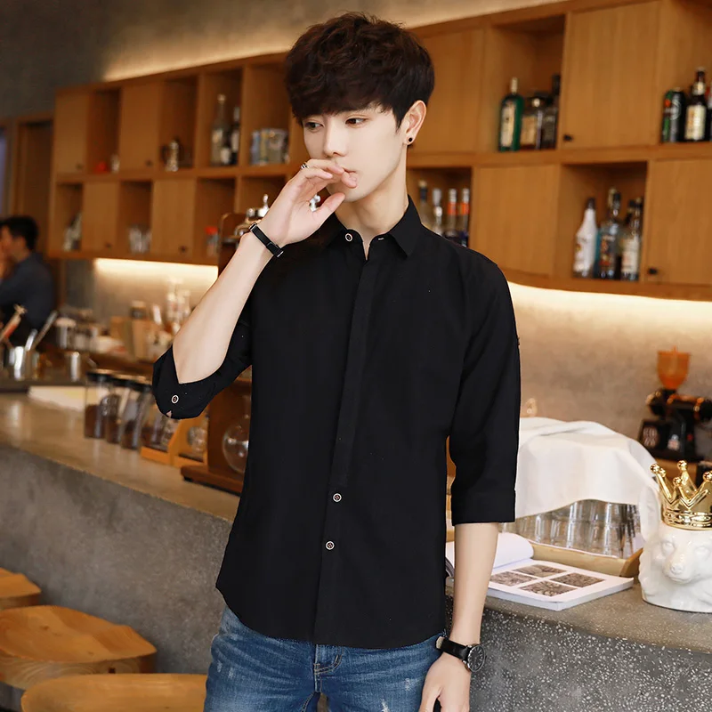 

Summer short sleeve shirt Men's seven points sleeve Pure men's shirt Trend Handsome five-sleeve Slim half-sleeve shirt
