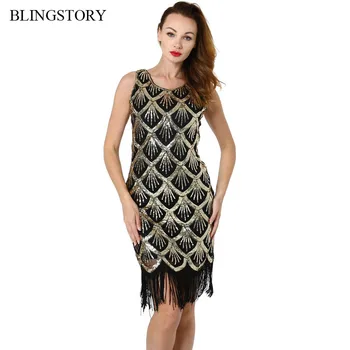 

BLINGSTORY Vintage Evening Party Flapper Dresses Elegant Art Dec Sequin woman dress Tassel Robe Femme