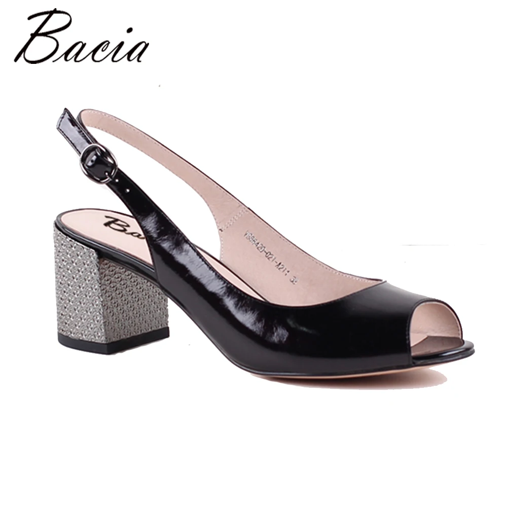 baratas Bacia preto Couro de Grão Cheio golden Shee 6.8 cm Bomba de Impressão Saltos Grossos Peep Toe de Couro Genuíno de Alta qualidade MWA016