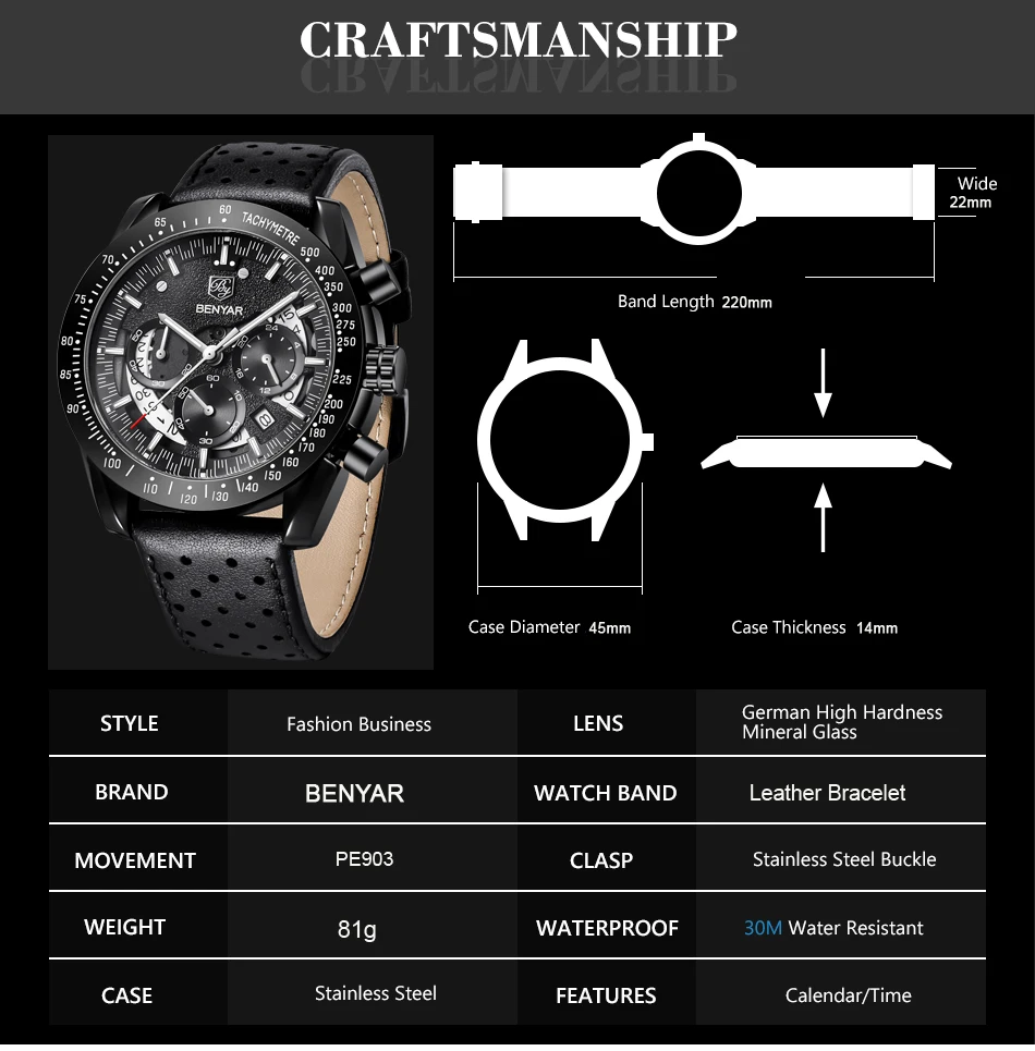 BENYAR Повседневная мода хронограф из нержавеющей стали часы комплект для мужчин высокого качества Бизнес Кварцевые наручные часы для мужчин Relogio Masculino