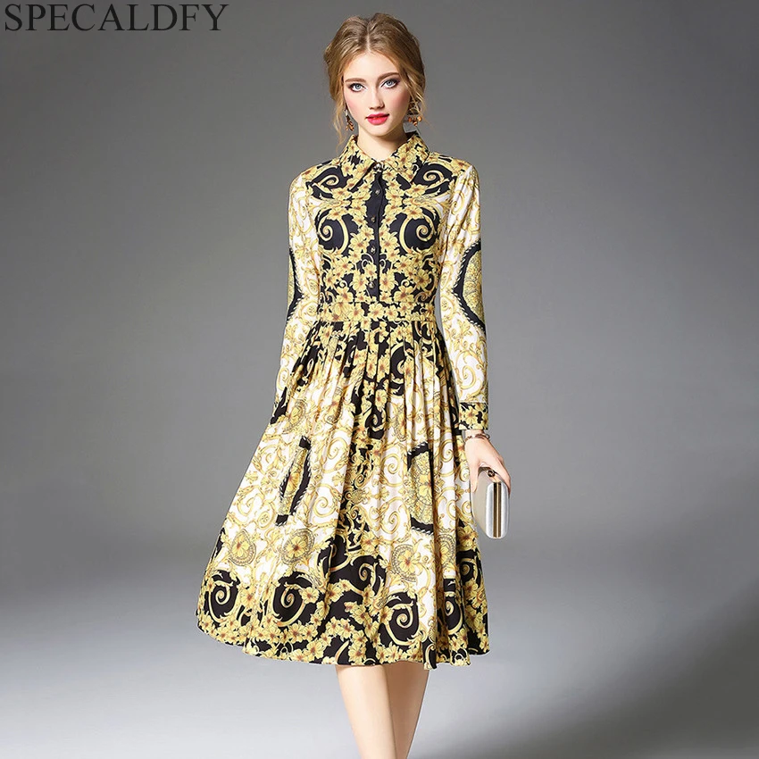 

Designer Runway Dresses 2018 Women Luxury Print Vintage Dress Autumn Long Sleeve Midi Shirt Dresses Robe Femme Vestidos Mujer