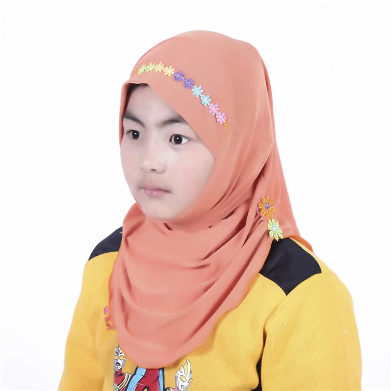 Детский шарф с цветами из саржи, милый тюрбан, исламские шапки под хиджаб, квадратная шаль кашне в мусульманском стиле, готовые носить Детский платок - Цвет: 7