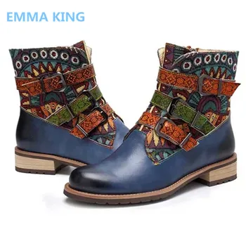 

Retro Patchwork Cowgirl Ankle Boots For Women Shoes Autumn Winter PU Leather Splicing Cowboy Western Style Low Heels Comfortable