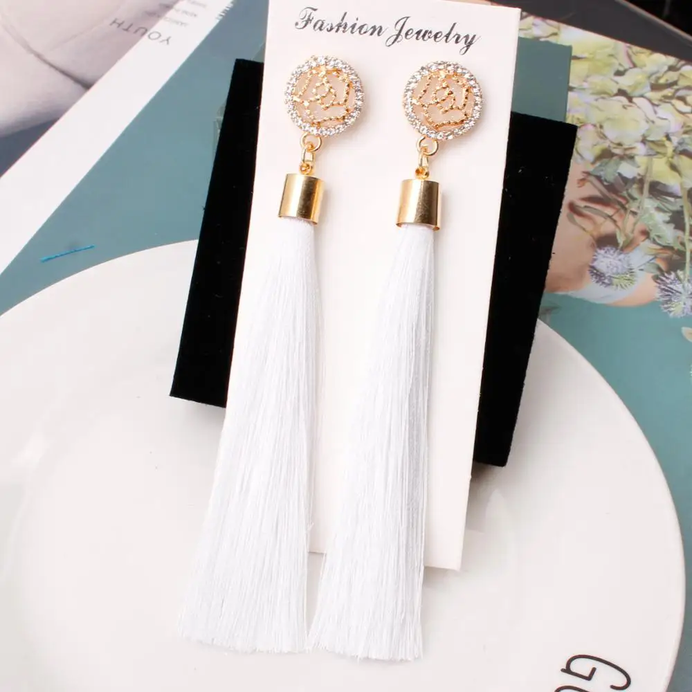 

Boho New 18 Colors Bohemian Long Tassel Earrings Wedding Gift Fabric Flower Drop Earrings For Women Crystal Ear Jewelry