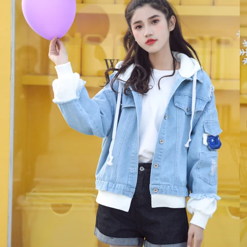 blanc Femmes Poitrine Casual Unique Manteaux À Lâche Jean Veste En Bleu Bomber Patchwork Deux 2018 rose Manteau Capuche Broderie Faux Nouveau wIP4qvzxBR