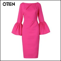 OTEN-European-style-bodycon-office-Dresses-Women-Flare-Sleeve-O-Neck-Spring-Business-Party-Sheath-Ladies