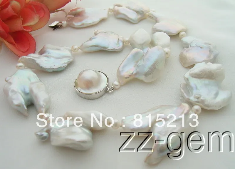 

FREE SHIPPING>@@> N970 Rare Natural White 23x36MM Keshi Pearl Necklace