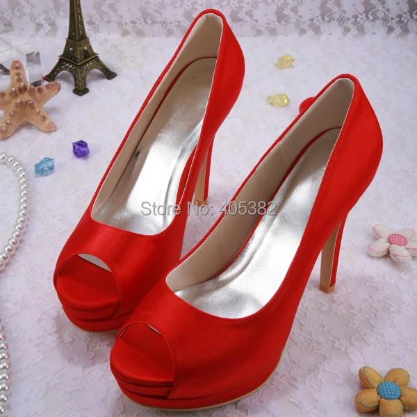 

Hot Selling Heels-high  Women Shoes Toe Red Satin Double Platform Peep Toe Free Shipping