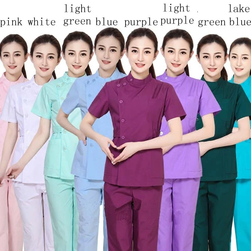 

Women Medical Uniforms Scrub Set Hospital Clothes Slim Fit Dental Scrubs Beauty Salon Nurse Uniform Adjustable Waist Top + Pants