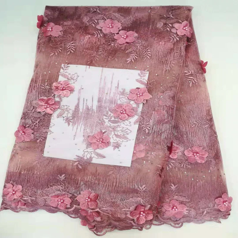 

HFX Beads&Stones Tulle French Fabric African Lace Fabric Pink High Quality Lace 3d Flower Embroidered Net Lace Fabric X1246-6