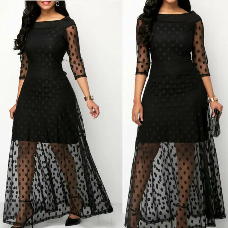 

2019 New Plus Size Women Dress Elegant Dot Mesh Dress For Lady High Waist Black Long Dress Casual O Neck Summer Party Dress