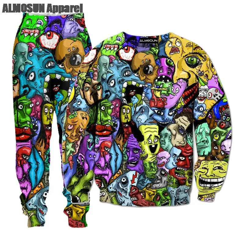

ALMOSUN Cartoon Funny Trippy Faces Collage 3D All Over Print Tracksuits Sweatshirts Drawstring Pants Hipster Streetwear Unisex