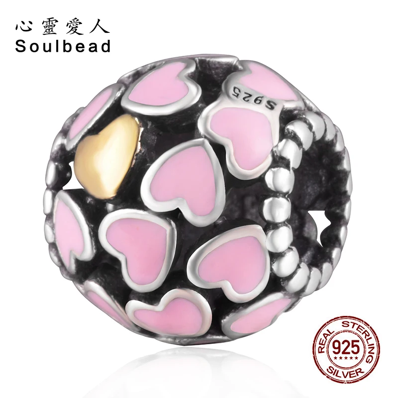 Soulbead Pink Charms Love 925 Original Gold Tone Beads with Enamel Heart Fit European Charm Bracelet Girlfriend Gift | Украшения и