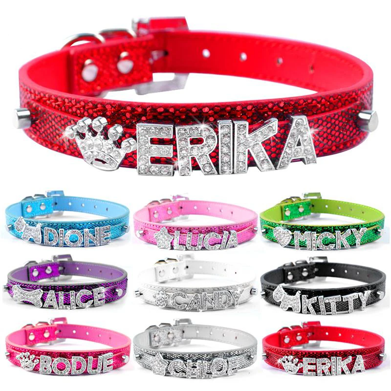Bling персонализированные Pet Ошейник горный хрусталь Индивидуальные бесплатная имя Алмаз Bucklet XS размеры S, M, l - изображение