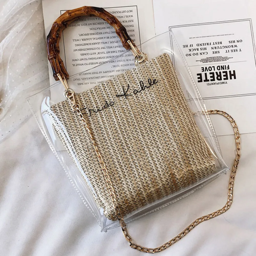 

2019 New Woman Trendy Clear Transparent Jelly Shoulder Bags Ladies Bamboo Weave Handbags For Party Female Tote Large Capacity#8